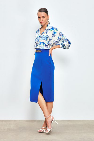 Sateen Front Chain Detailed Skirt - Sax Blue