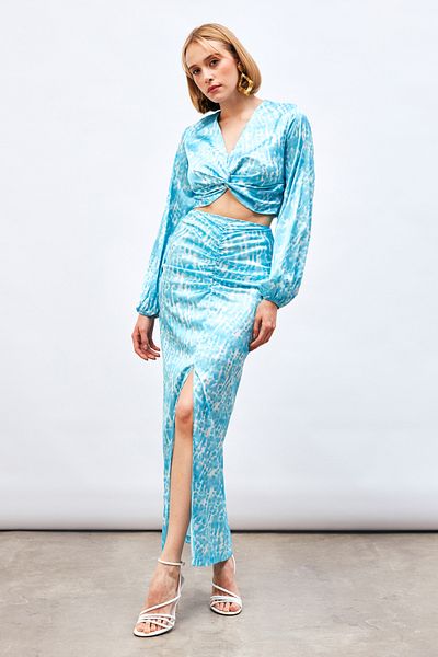 Sateen Patterned Midi Skirt with Slit Detail - Turquoise