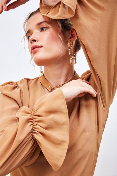 Sateen Casual Blouse with Collar Tie Detail - Camel