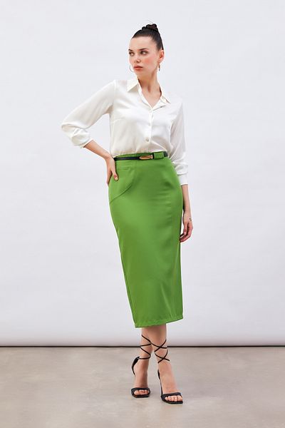 Sateen Fusta creion midi verde deschis - cu curea