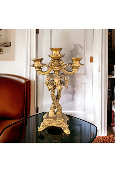 SZN DEKOR Üç Kollu Şamdan, Palmiye Detaylı Şamdan , Gold Eskitme Şamdan ,roma...