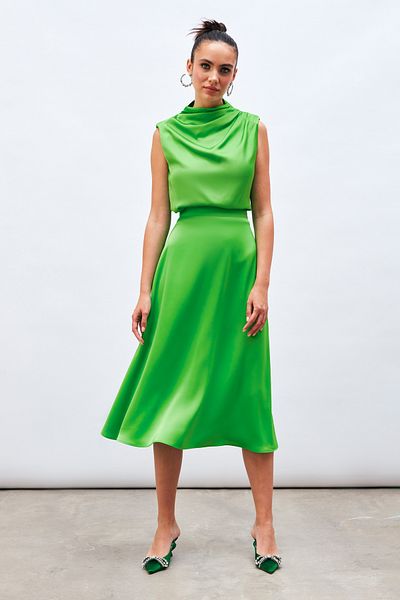 Sateen Light Green Midi Satin Skirt