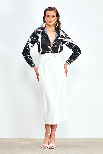 Sateen Fusta Midi cu Detaliu Buton - ECRU