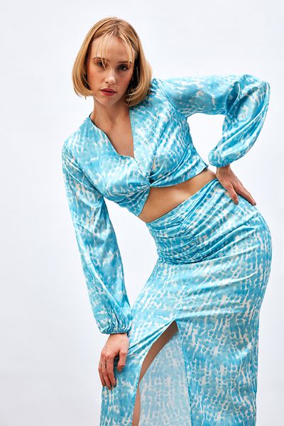 Sateen Knot Detailed Patterned Blouse - TURQUOISE