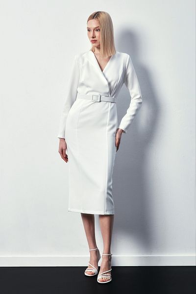 Sateen Belted Pencil Dress - Ecru