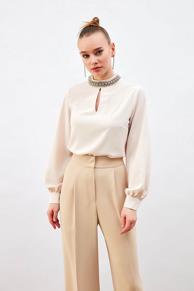 Sateen Bluza cu Guler Accesorii - Bej