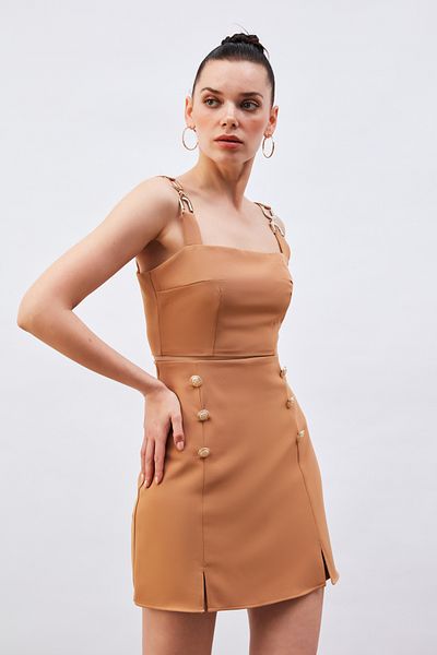 Sateen Crop Blouse with Shoulder Accessory - Camel