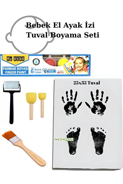 NEON PLUS 25x35 Tuval, Parmak Boyası 6x22ml, Zemin Fırça, Rulo Fırça, 2'li ponpon Fırça, Bebek El Ayak İzi