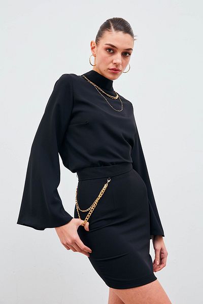 Sateen Mini Skirt with Chain Accessory - Black