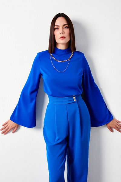 Sateen Spanish Sleeve Blouse with Necklace - Sax Blue