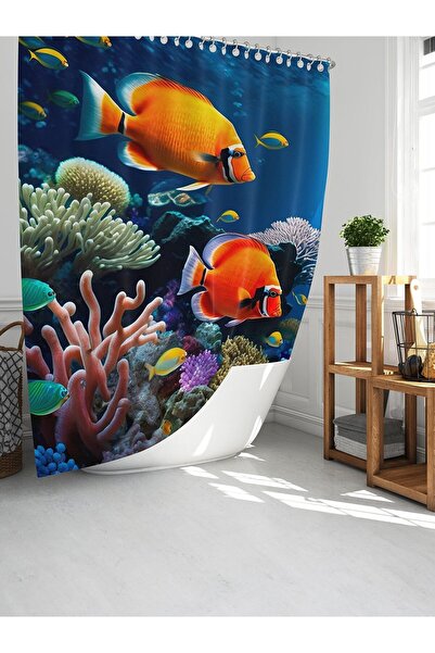 Tropikhome Banyo Duş Perdesi Balık Desenli Dijital Baskılı Banyo Perdesi, Tek...