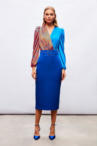 Sateen Sax Blue Belted Pencil Skirt