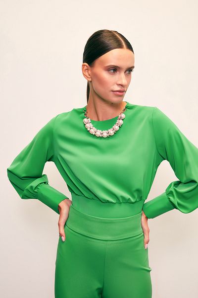 Sateen Crop Blouse with Necklace Detail - Green