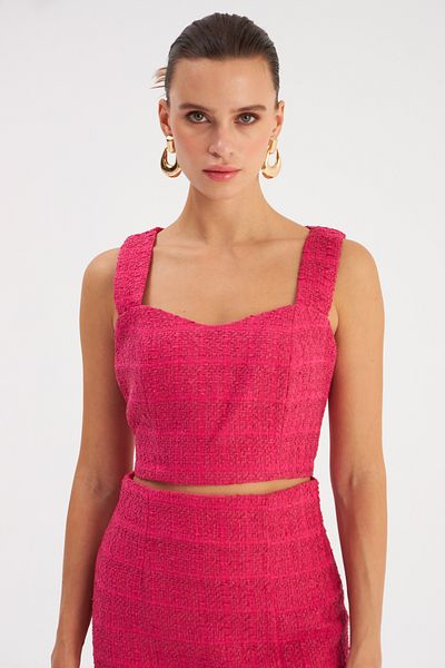 Sateen Strappy Tweed Crop Blouse - Fuchsia