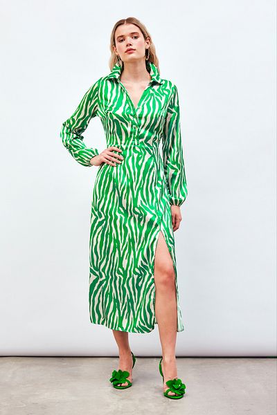 Sateen Green Shirt Dress - Slit Detail