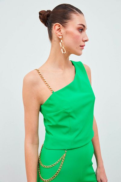 Sateen Chain Strap Detailed Crop Blouse - Green