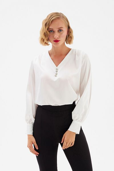 Sateen Bluză din satin cu detaliu nasturi - Ecru