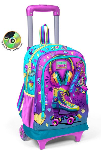 Coral High 23954 Model Pink Turquoise Skate Patterned Children's School Backpack with Three Compartments Squeegee