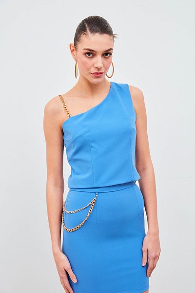 Sateen Chain Strap Detailed Crop Blouse - Blue
