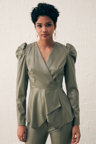 Sateen Green Leather Double Breasted Blouse