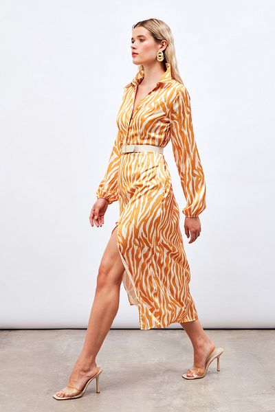 Sateen Mustard Color Slit Detailed Shirt Dress