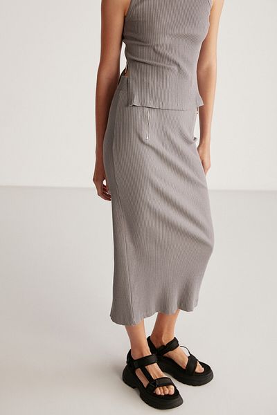 GRIMELANGE Lauren Women's Slim Fit Zipper Detailed Midi Gray Skirt