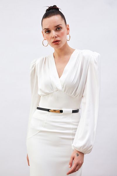 Sateen Double Breasted Satin Blouse - Ecru