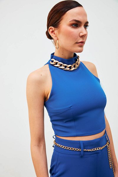 Sateen Crop Blouse with Chain Accessories - Sax Blue