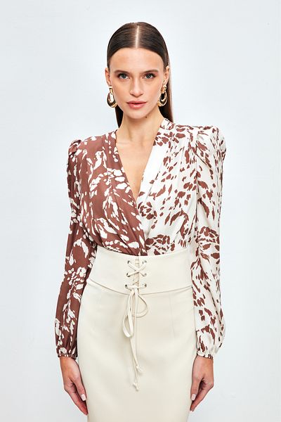 Sateen Patterned Double Breasted Bodysuit Blouse - BROWN