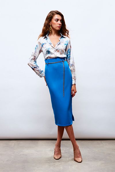 Sateen Pencil Skirt with Chain Belt - Blue