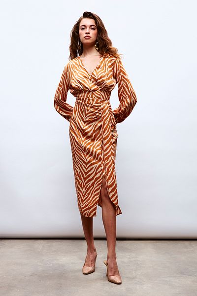 Sateen Zebra Patterned Satin Skirt - Camel