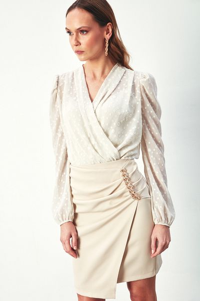 Sateen Patterned Double Breasted Bodysuit Blouse - STONE
