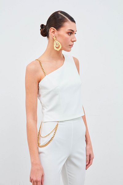 Sateen Chain Strap Detailed Crop Blouse - Ecru