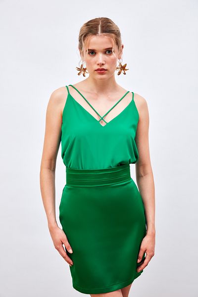 Sateen Mini Satin Skirt with Waist Detail - GREEN