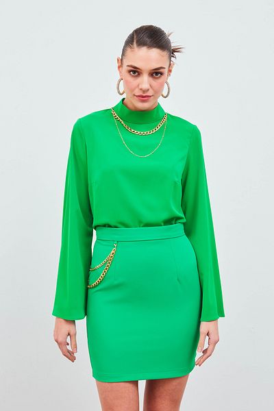 Sateen Spanish Sleeve Blouse with Necklace - Green