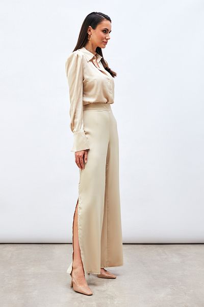 Sateen Slit Detailed Satin Trousers - Beige