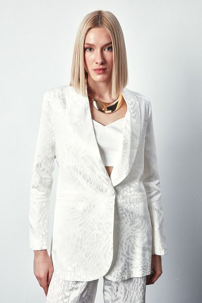 Sateen Shawl Collar Patterned Jacket - Ecru