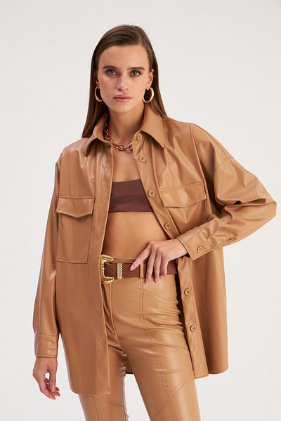 Sateen Long Leather Shirt with Pockets - Beige