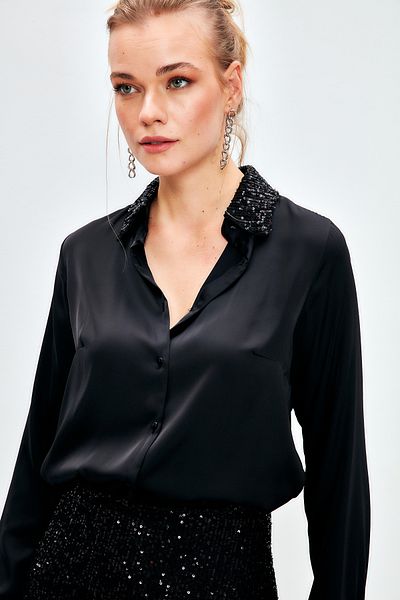 Sateen Sequin Detailed Satin Shirt - BLACK