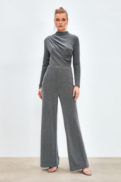 Sateen Lurex Wide Leg Trousers - GRAY