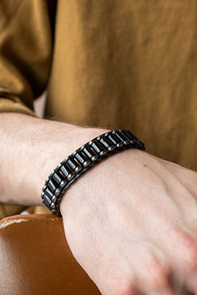 Serenite Black Patterned Bracelet with Hematite and Agate Stones