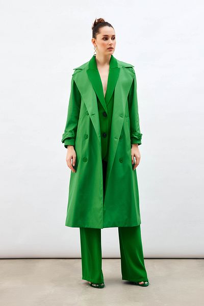 Sateen Belted Long Trench - Green