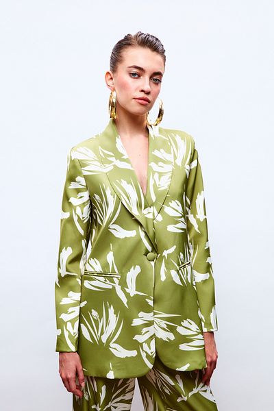 Sateen Patterned Loose Satin Jacket - Green