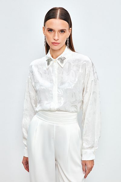 Sateen قميص منقوش مع إكسسوارات الياقة - ECRU