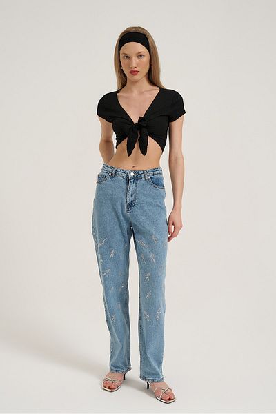 Quzu Pantaloni din denim cu picior largi, cu detaliu în piatră, albaștri