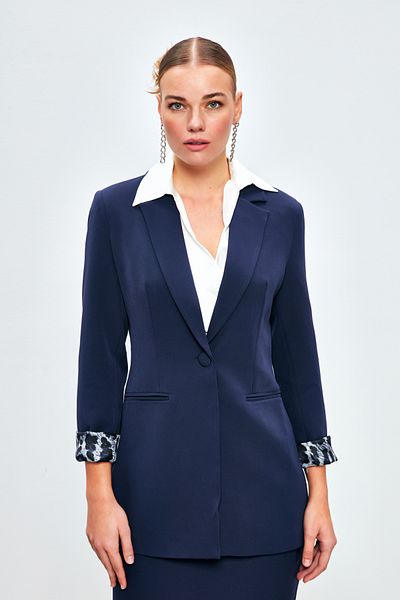 Sateen Jachetă clasică cu guler mono -albastru închis