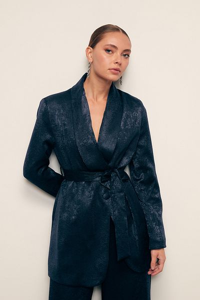 Sateen Navy Blue Long Belted Jacket