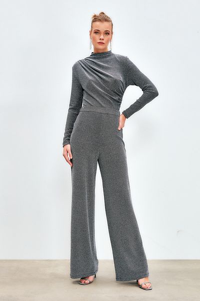 Sateen Lurex Wide Leg Trousers - GRAY