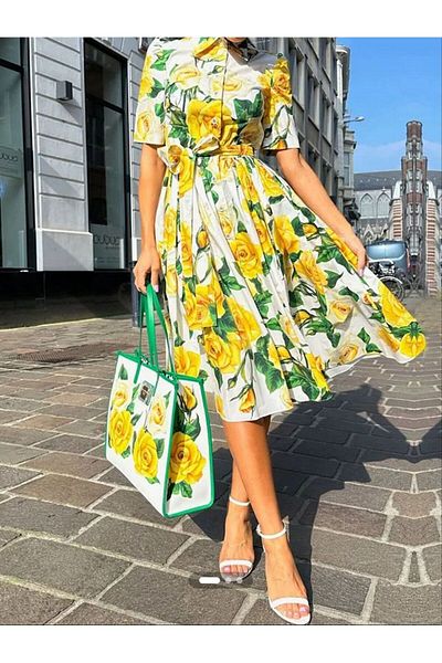 BRGCLOTHING Women's Premium Quality Flounced Waist-Sitting Yellow Floral Dress