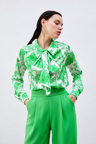 Sateen Scarf Collar Patterned Shirt - Green